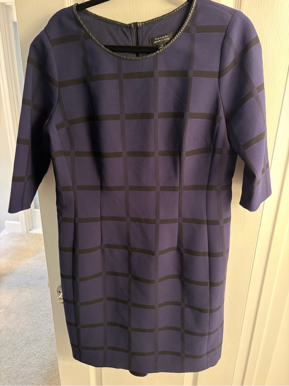 Tahari Navy and Black Windowpane Midi Dress